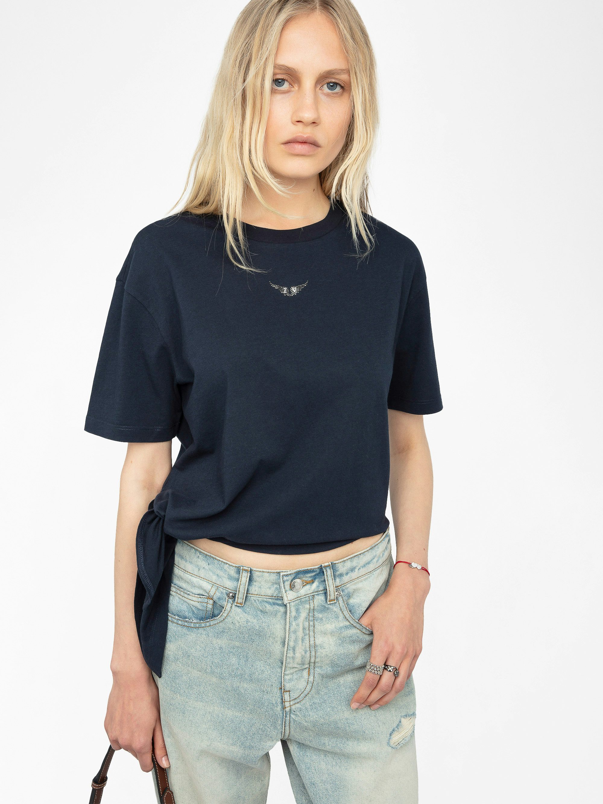 Edda Asymmetric T Shirt - Asymmetric short-sleeved T-shirt with rhinestones on the front.